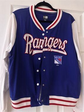 NY  Rangers Varsity Jacket Women’s Large New Era 5th & Ocean Blue NHL Snap Front